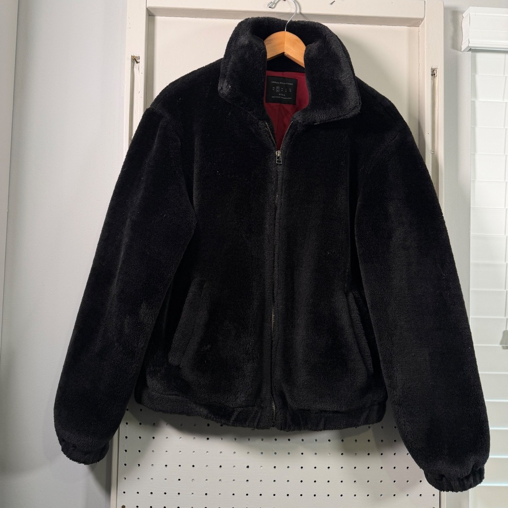 Urban Outfitters Black Faux Fur Bomber Jacket Red Lining Small Zip Up Teddy Coat